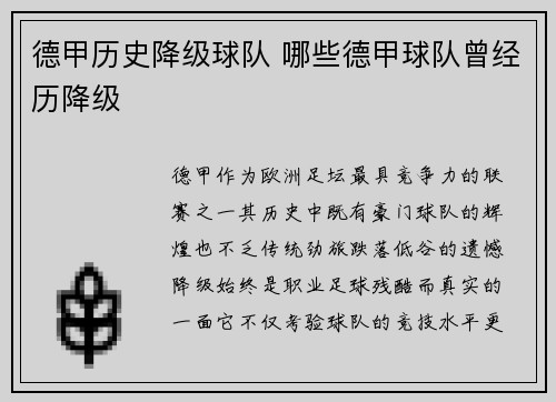 德甲历史降级球队 哪些德甲球队曾经历降级