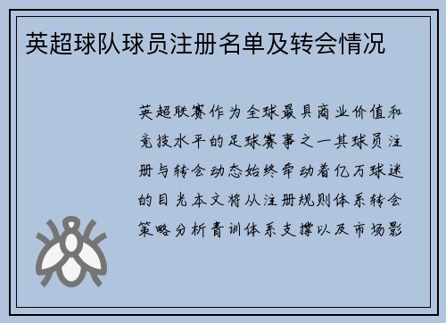 英超球队球员注册名单及转会情况